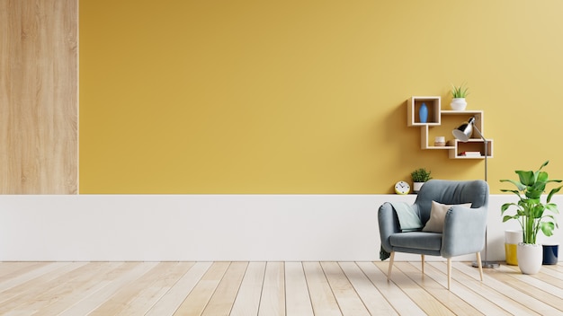 Living room interior with fabric armchair ,lamp,book and plants on empty yellow wall background. Premium Photo