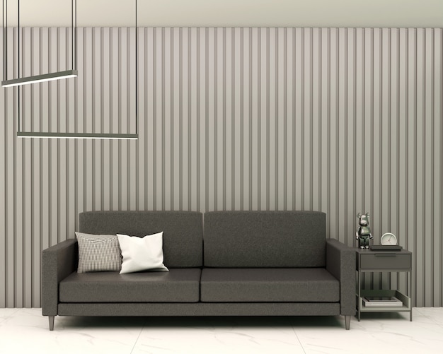 Living Room With Gray Slatted Panel, Black Leather Sofa Cushions