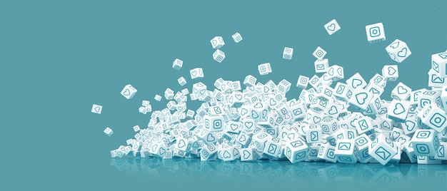 A lot of falling blocks with pictures of icons of social networking 3d illustration Premium Photo