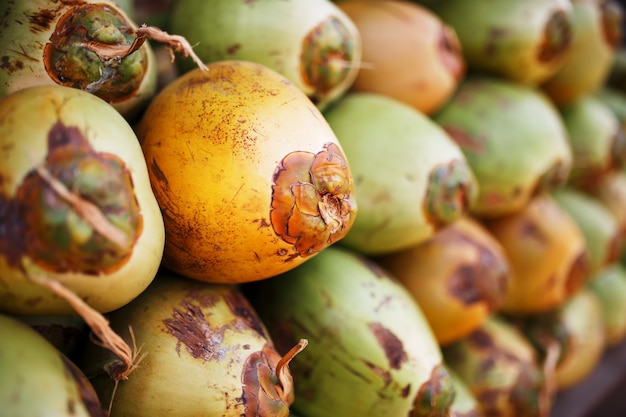 Premium Photo | Lots of fresh green coconuts lined with a stack. close ...