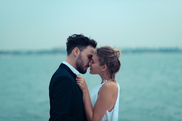 Love scene of lovers on a luxury yacht, husband and wife Premium Photo
