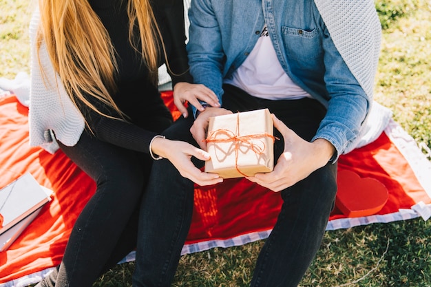 Free Photo Loving Couple Celebrating Anniversary With Present