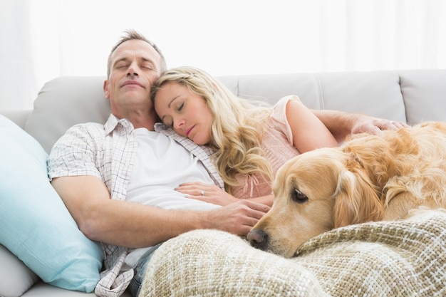 彼らの犬とソファーで昼寝している愛するカップル プレミアム写真