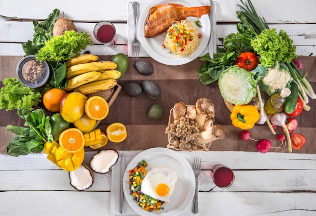 Lunch at the table with healthy organic food . top view Free Photo