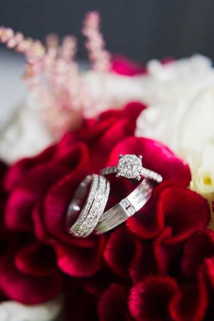 Premium Photo | Luxury wedding rings with diamonds on a background of ...