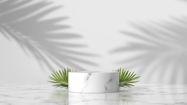 Luxury white marble cylinder podium with palm leaves and shadow in white background. Premium Photo