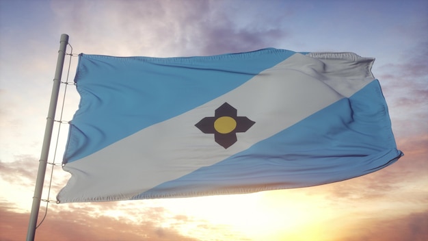 Premium Photo | Madison city flag, wisconsin, waving in the wind, sky ...