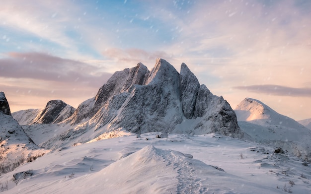 Premium Photo | Majestic Mountain Range With Snowfall At Sunrise Morning