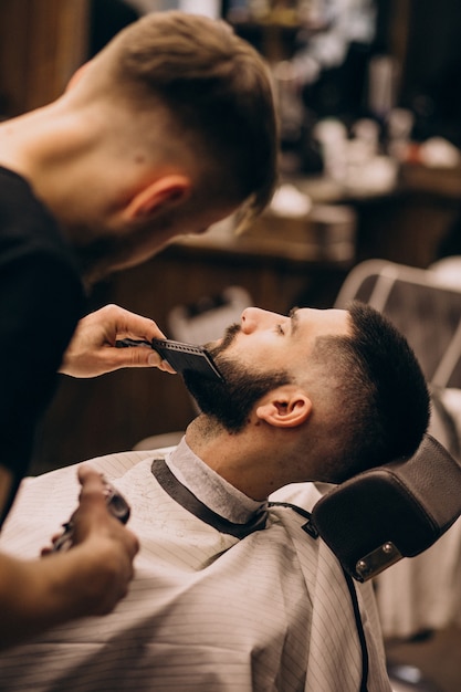 Free Photo | Man at a barbershop salon doing haircut and beard trim