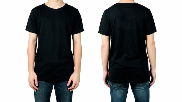 Man in blank black t-shirt, front and back views of mock ...