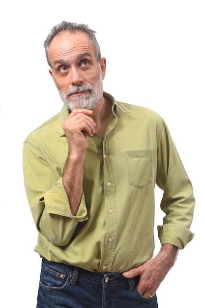 Man having a doubt or question on white background Premium Photo