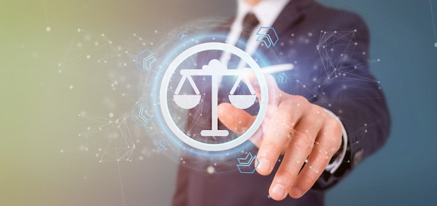 Man holding a technology justice icon on circle 3d rendering Premium Photo