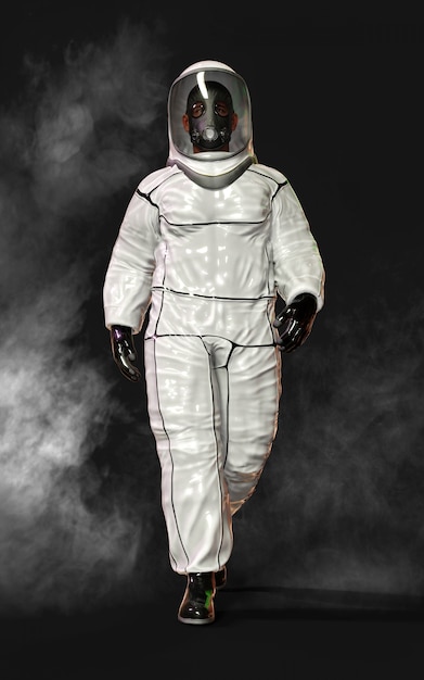 マスクを着用し 煙に囲まれた保護バイオハザードスーツを着た男 プレミアム写真
