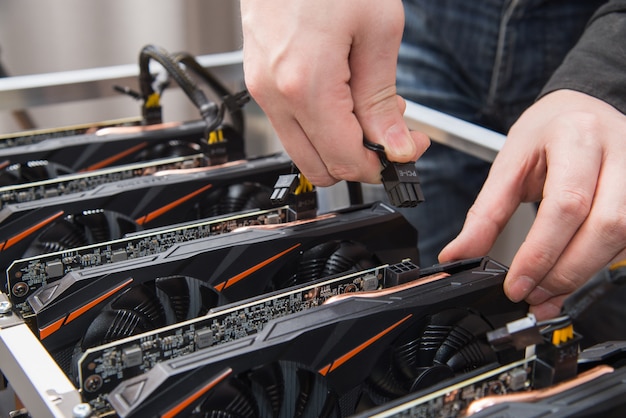 Man's hands connecting a new graphics card to mining farm. it equipment. cryptocurrency business. Premium Photo