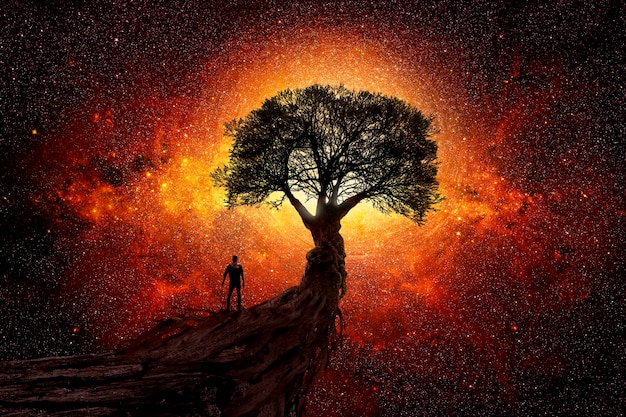 Premium Photo | Man under a tree in front of the universe