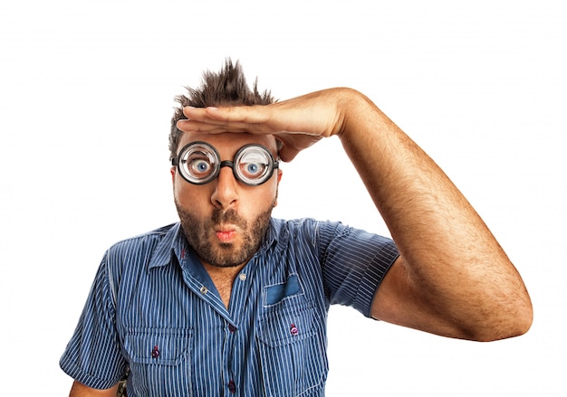 Premium Photo Man With Funny Expression And Thick Glasses Looking Far Away