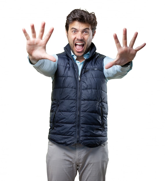 Premium Photo | Man with vest stop gesture