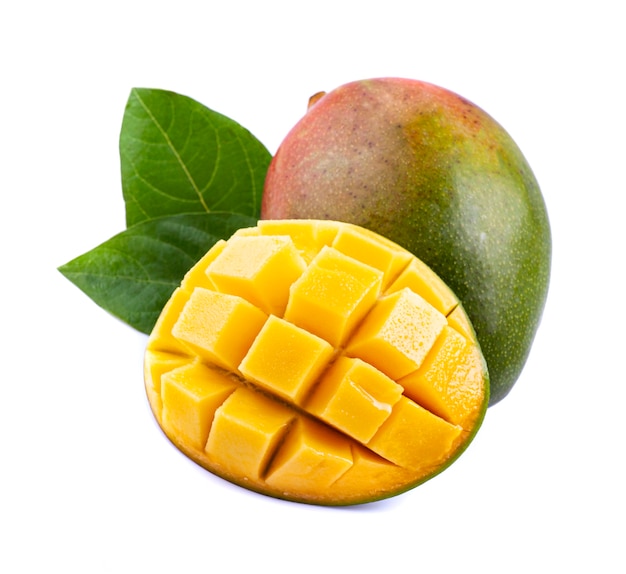 Premium Photo | Mango fruits with leaves on white backgrounds.