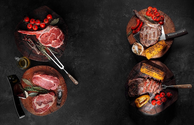 Premium Photo | Marbled beef steaks on a stone surface before and after ...