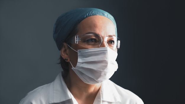 Premium Photo | Masked doctor in protective eyeglasses looking at side ...