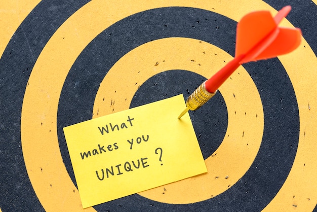 What makes your brand personality unique? Yellow posted note with the question, What makes you unique? And a red dart sticking it to a yellow and black dart board.