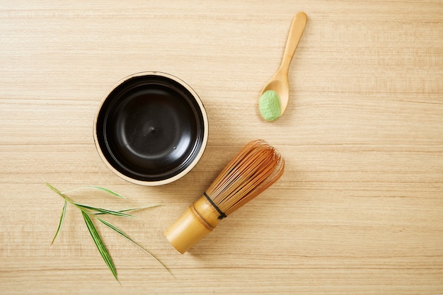 Matcha green tea on wood background Premium Photo
