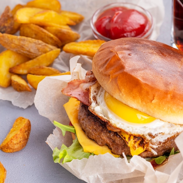 Premium Photo Meat Burger With Fried Egg And Bacon Closeup