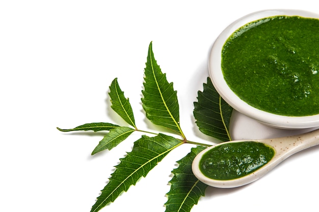 Medicinal neem leaves with neem paste in spoon and plate (azadirachta indica) Premium Photo