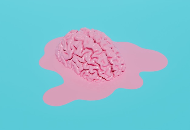 Premium Photo | Melted pink brain on pastel blue background. 3d rendering