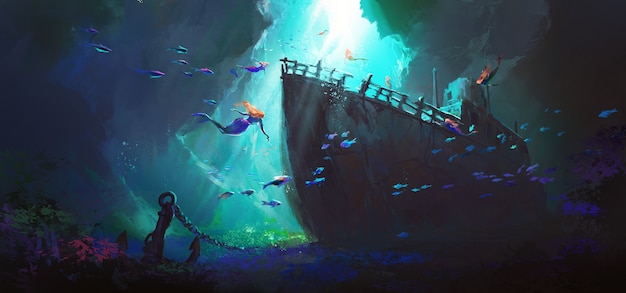 人魚は海のイラストの下部に沈んだ船を囲んでいます プレミアム写真