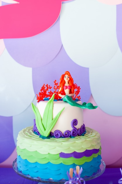 Mermaid Theme Cake With Colorful Glitter Tails Shells And Sea