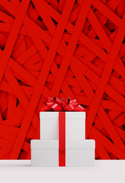 Merry christmas and happy new year web banner. white gifts box and red bow ribbon on random red paper strip . 3d rendering illustration. Premium Photo
