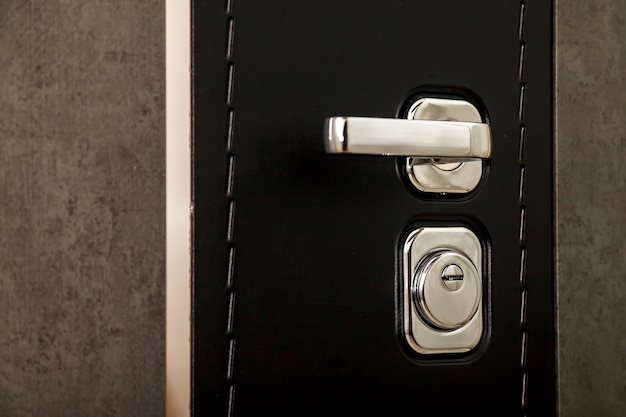 Premium Photo Metal Door Handle And Door Lock Use Your Keys To Lock Black Textured Door Keyhole And Doorknob Close Up Grey And Black Door With Chrome Handle And Keyhole Space For