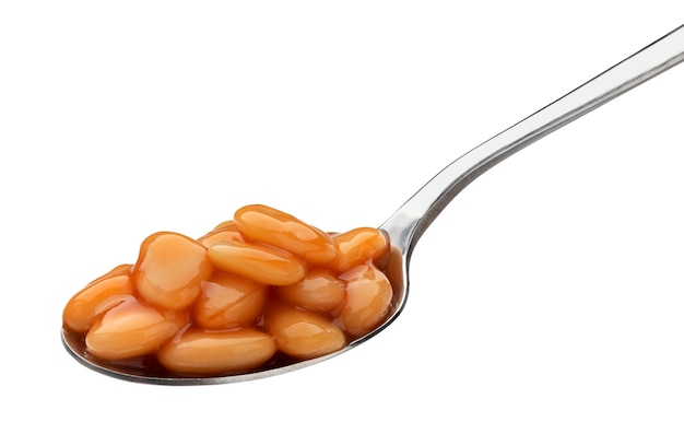  Metal spoon with baked beans in tomato sauce isolated on white background with clipping path