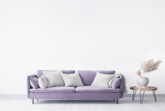 Premium Photo Minimal Living Room Design Purple Sofa On White Background Home Decor With Trendy Accessories