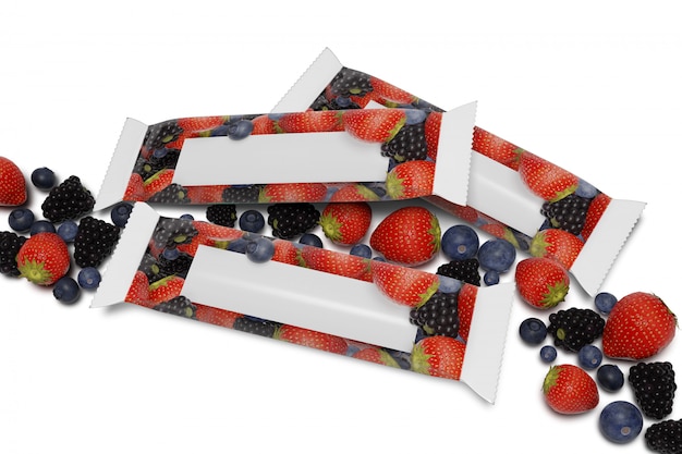 Download Mock up of a cereal bar packaging on white with red fruits ...