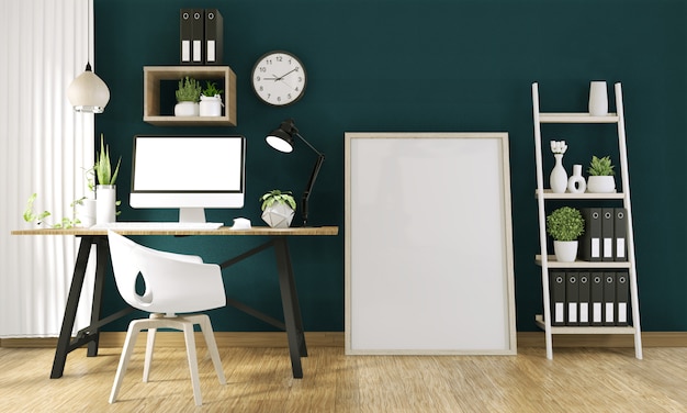 Mock up computer with blank screen and decoration in office room mock up background.3d rendering Premium Photo