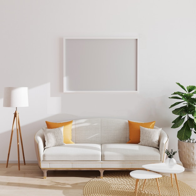 Mock up horizontal poster or picture blank frame in modern minimalistic interior , scandinavian styl