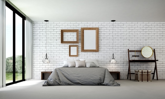Premium Photo The Mock Up Interior Design Decoration Of Modern Loft Bedroom And White Brick Wall Background - White Brick Bedroom Wall