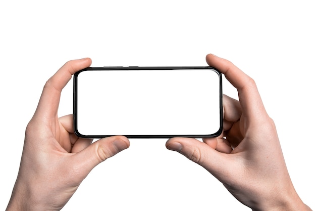 Mock up, mockup.man hand holding the black smartphone with frame less blank screen and modern framel