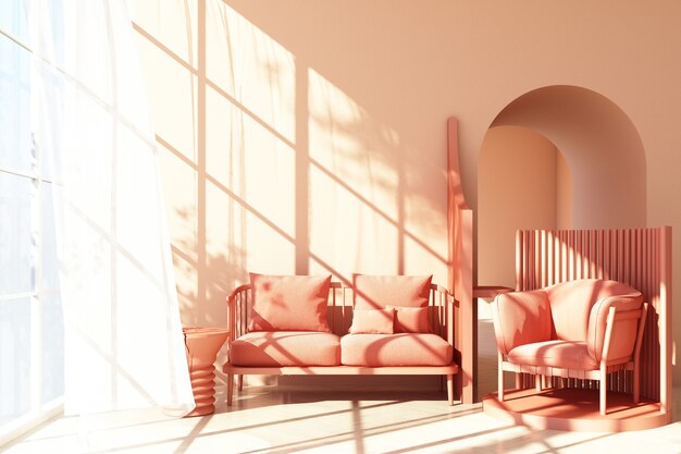 Premium Photo Mock Up Pink Abstract Studio Fashion Minimal Geometric Shape Trend With Pink Armchair And Sofa On Podium Platform With Sunlight And Sheer 3d Rendering