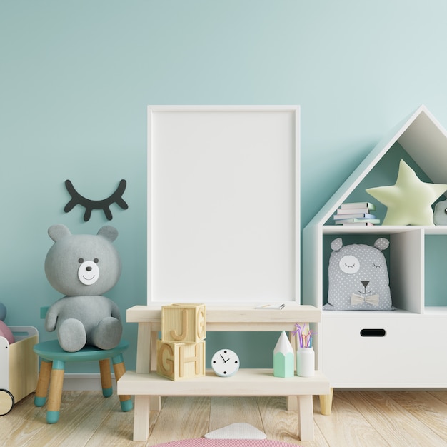 Download Premium Photo | Mock up poster frame in children room,kids room,nursery mockup,blue wall.
