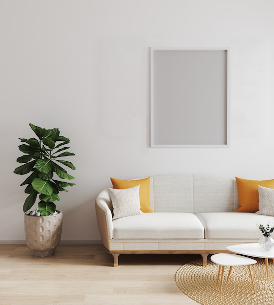 Mock up poster frame in modern interior , living room, scandinavian style, 3d render, 3d illustratio