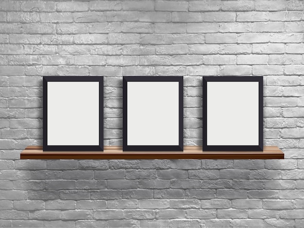 Download Mock up three blank frame on wood shelf with white brick ...