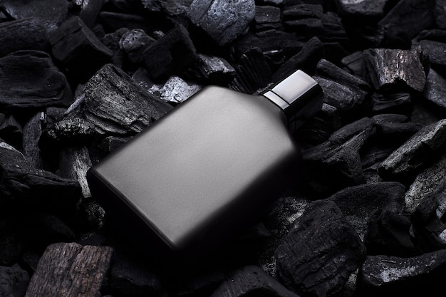 Download Premium Photo Mockup Of Black Fragrance Perfume Bottle Mockup On Dark Coals Background Top View Horizontal