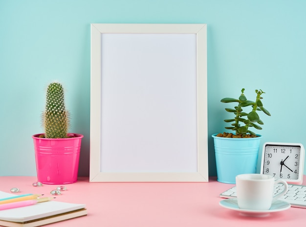 Download Mockup blank white frame, alarm, notepad, cup of coffee or ...