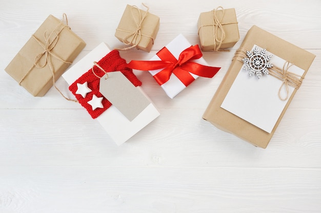 Download Mockup christmas with decorations and gift boxes on wooden ...