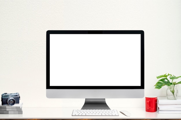 Premium Photo Mockup Desktop Computer With Blank Screen And Supplies On White Table