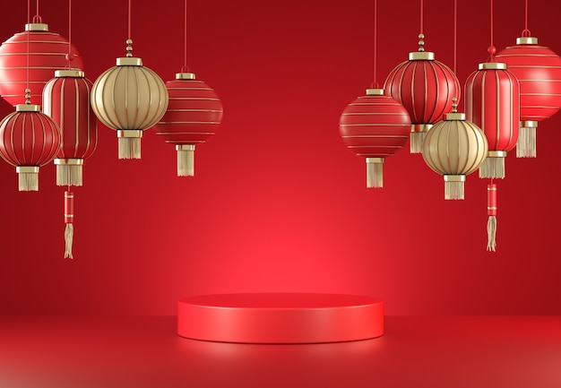 Download Premium Photo Mockup Empty Minimal Red Display With Chinese Lantern Abstract Background 3d Render