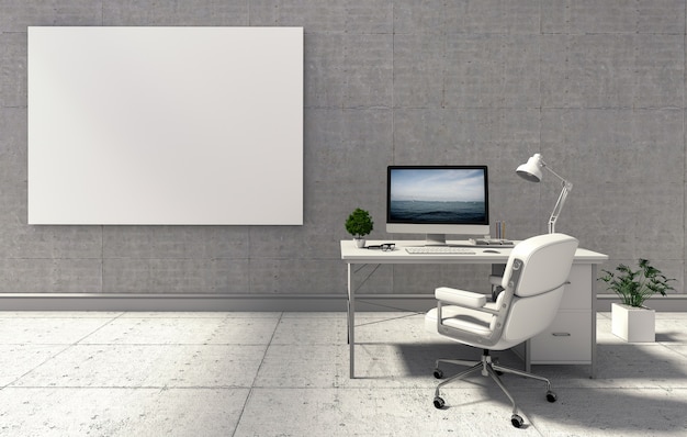 Download Mockup poster on concrete wall with desktop computer. 3d ...